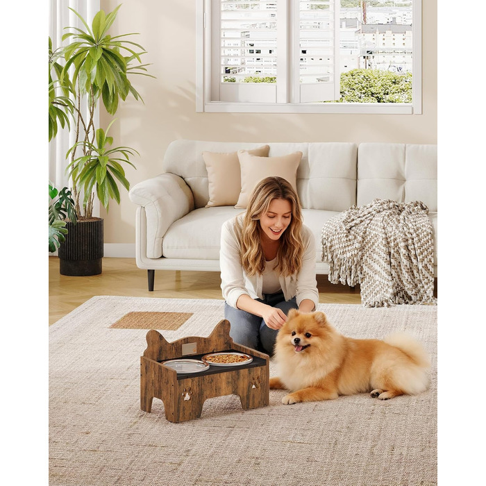 Підвищена годівниця для собак Hzuaneri з двома мисками, нержавіюча сталь, захист від бризок, антиковзаюча, безшумна, для малих та середніх собак, вінтажний коричневий, PB01601B