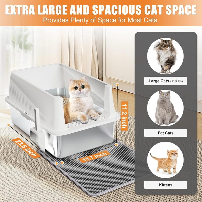 Квітковий горщик Erinaik для котів, нержавіюча сталь, з кришкою, XL, великий, для великих котів, металева, високі бортики (білий)