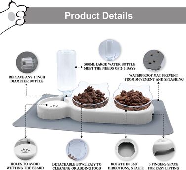 Набір мисок для котів та собак 2 в 1 з диспенсером для води, ковзаючою підкладкою та лопаткою. Нахил 15°, миски для сухого та вологого корму, білий колір