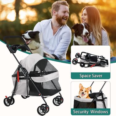 Візок для собак 2 в 1, бугі для собак до 20 кг, 4 пари поворотних коліс на 360°, візок-переноска для собак/кішок з тримачем для напоїв, складаний візок для маленьких/середніх собак та котів (сірий)