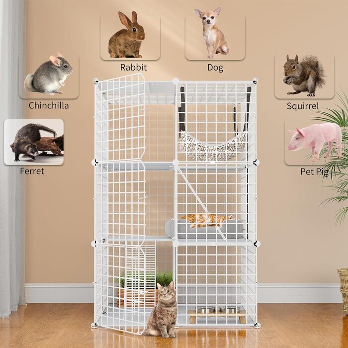 Клітка для котів YITAHOME для дому та вулиці з міцного металевого дроту, DIY-клітка для котів Catio з 2 дверцятами, 1 сходинкою, металевий вольєр для котів, 2-ярусна клітка для котів, кроликів, біла, 71x71x71 см