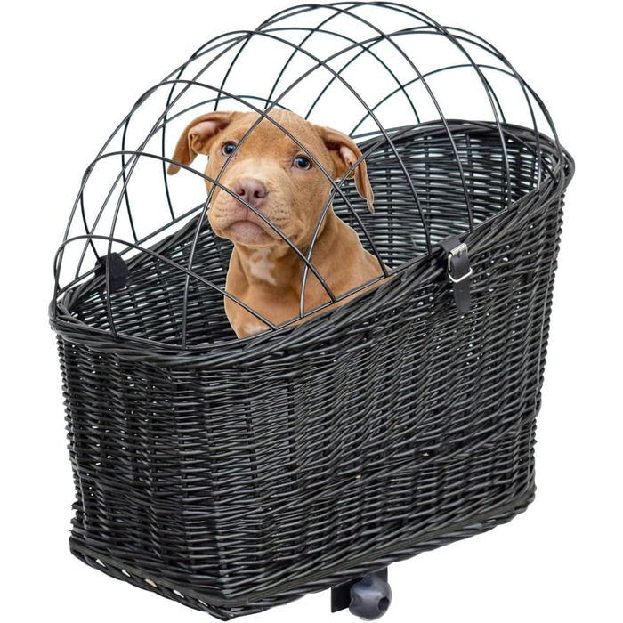 Корзина для собак на велосипед – ручної плетіння з лози, з ґратчастою кришкою, кріпленням для багажника та знімним подушечкою. Розмір: 60 x 39 x 50 см, колір чорний (венге), XL