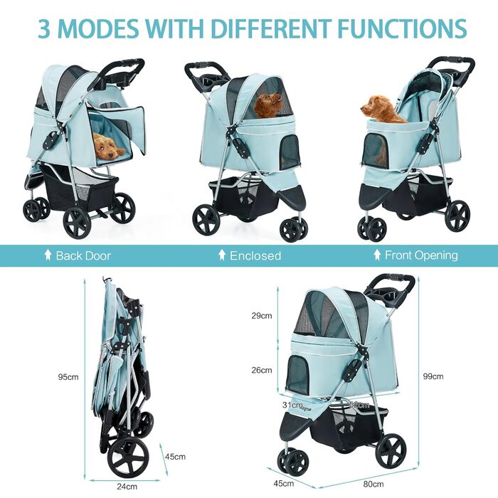 Візок для собак до 15 кг, складаний, з кошиком для зберігання, сітковими вікнами, блакитний, з дощовиком