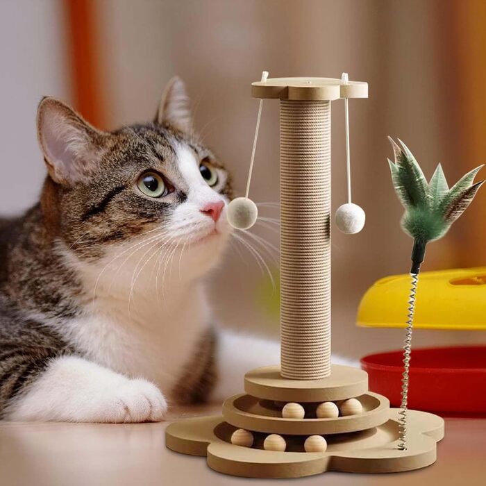 GOMETY Іграшка для котів 4-в-1 з дерева: ролики, обертовий диск, дряпка з сизалю, м'ячики з котячою м'ятою, 40 см