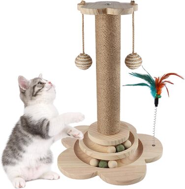Іграшка для котів 4 в 1: когтеточка, інтерактивна іграшка з кульками, мотузка з сизалю, дерев'яна квітка