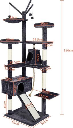 Котячий дім Meerveil XXL 210 см, стійкий когтеточка для великих котів, товста основа, 2 будиночки, сірий, високоякісний сизаль