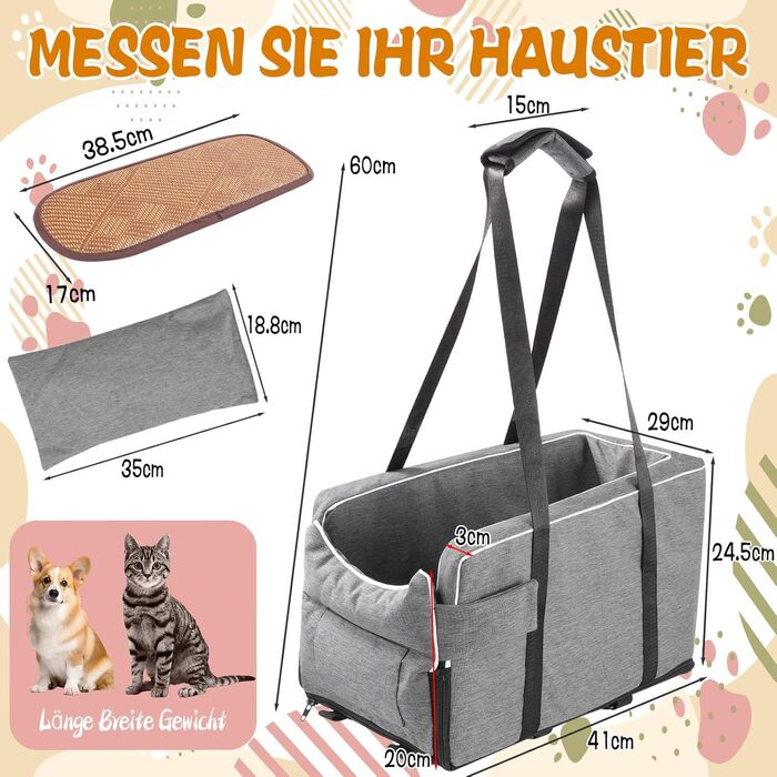 Автокрісло для маленьких собак: м'яка лежанка з підстаканником, сіра, 42x20x22 см