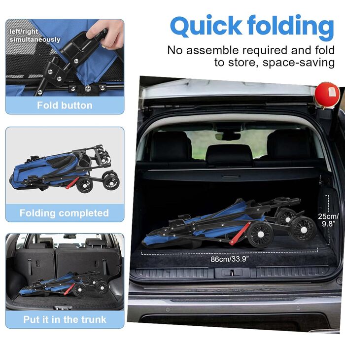 Складана візок для тварин до 10 кг з амортизаторами 360° та сонцезахистом - Легкий вигулювач для котів/маленьких собак (Чорний/Синій)