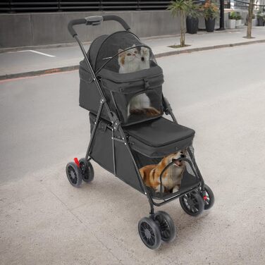 Складаний візок для собак та котів, 2-поверховий, з сумкою та ременями безпеки (Чорний)