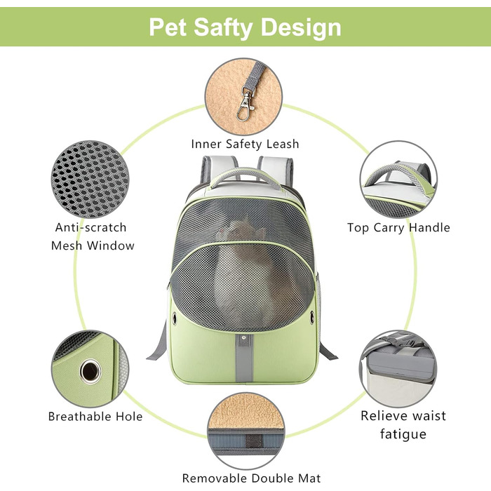 Рюкзак-переноска для тварин Galatée, розширюваний, для котів та маленьких собак (зелений)
