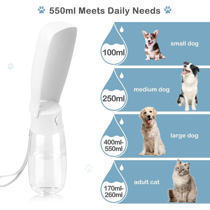 Травельна пляшка для тварин JOPHEK 300мл з фільтром, біла. Без витоку, для собак та котів. Ідеально для прогулянок, подорожей та кемпінгу.