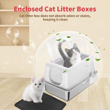 Набір для туалету котів з нержавіючої сталі з кришкою, великий, для великих котів, з совочком та килимком (білий)