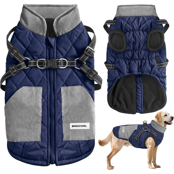 Тепла куртка для собак Mosucoir, водонепроникна, світловідбиваюча, для зими, комфортна, для середніх та великих собак (Marineblau, XXL)