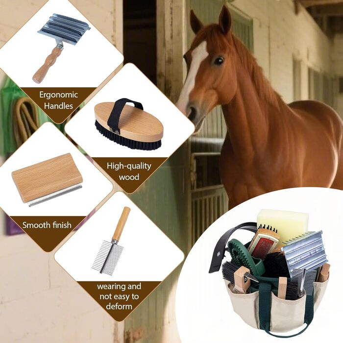 Набір для догляду за конем з дерева, 13 предметів: екологічні інструменти з ергономічними ручками, професійні щітки для гриви та копит