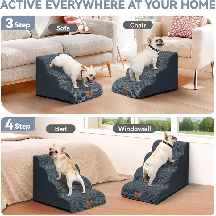 Сходинки для собак 4-х ступінчасті для ліжка, 50,8 см, вигнута сходинка для літніх/поранених собак, котів, для ліжка, стільця або дивану, преміум-піна, антиковзаюча рамка для собак