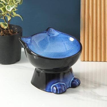 Підвищений миска для кота Nihow, 16.25 см, кераміка, для здоров'я спини, миється в посудомийній машині, елегантний синьо-чорний (192 мл/1 шт.)