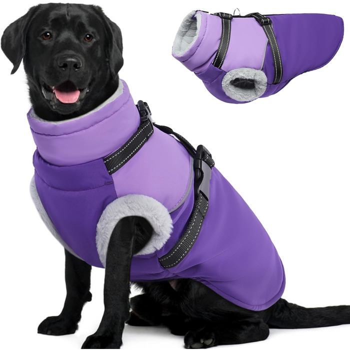 Водонепроникна та вітрозахисна куртка для собак великих порід з інтегрованим шлейкою та флісовою підкладкою, фіолетовий (X-Large)
