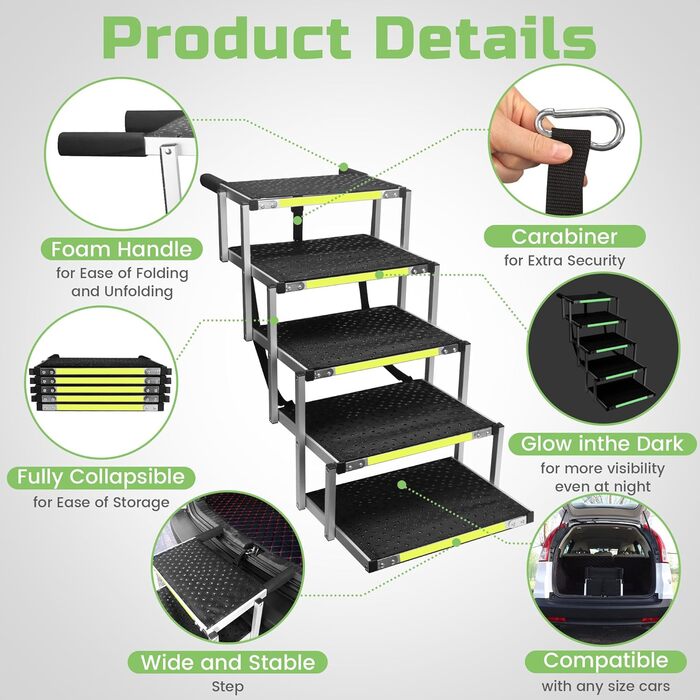 Сходинка для собак Robuster з 6 сходинками, покриття 1680D PVC, антиковзка, легка та портативна – ідеально для авто, SUV, вантажівки – Чорний (106 x 80 x 43 см), алюмінієва конструкція