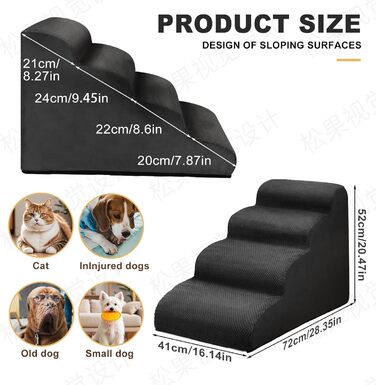Сходинки для собак, 4 сходинки, для ліжка та дивану, знімний чохол, миється, для маленьких собак, чорний колір