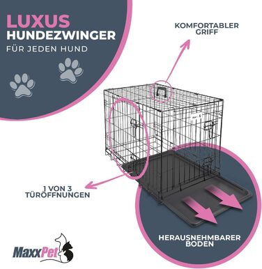 MaxxPet Клітка для собак 92x58x64 см, металева, складна, двоє дверей, чорна – транспортна клітка для авто і дому, для собак і котів
