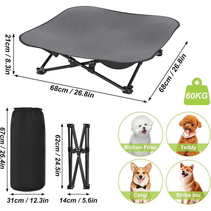 Крісло-ліжко для собак та котів 68x68x21 см, складне, підняте, з дихаючого поліестеру, для дому та саду