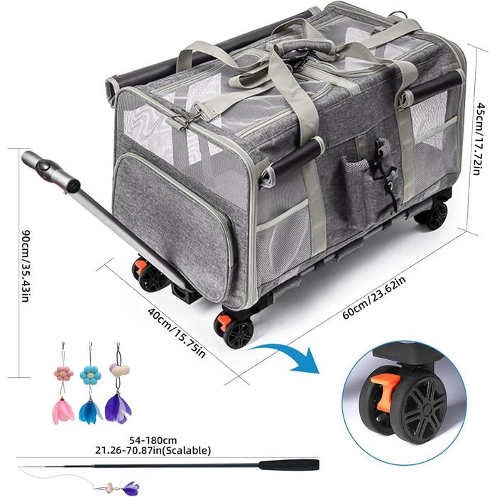 Переноска для котів велика, на колесах, 2-в-1 з відділеннями, з іграшкою та ремінком (сіра)