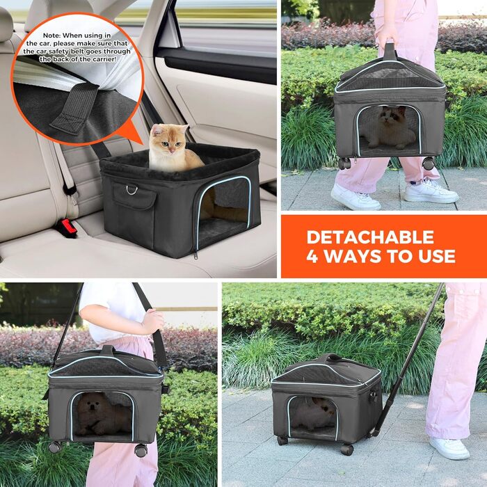Трансформер для котів та маленьких собак Babenest: сумка-переноска з колесами, для подорожей літаком, з телескопічним ручками та ременем, чорна