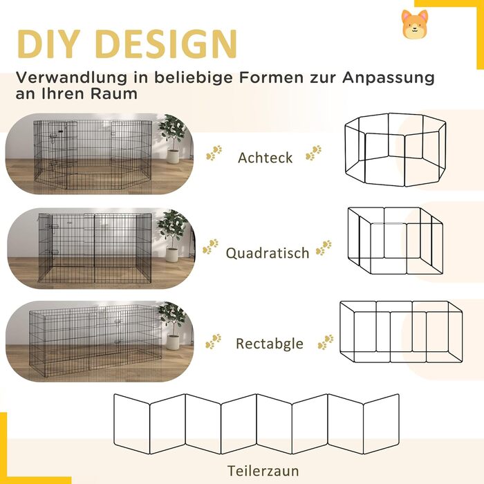 PawHut вольєр для цуценят 76 см, 8-секційний вольєр для собак з замком, DIY вольєр для собак середнього розміру, морських свинок, кроликів, метал, чорний