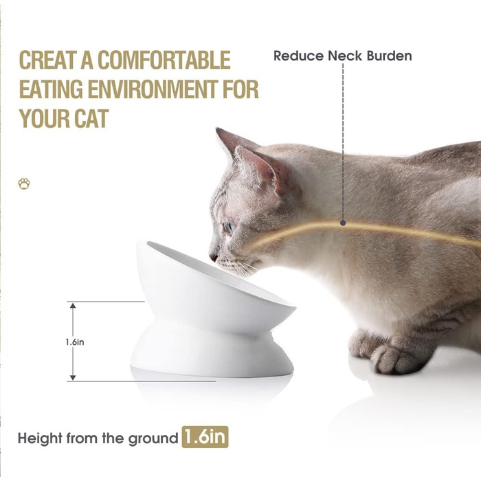 Підвищені миски для котів з кераміки, нахилені миски для корму та води, захист хребта, 140 мл, запобігання зворотному потоку (білі)