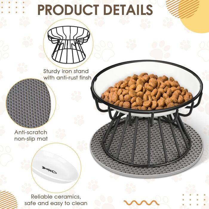 Підвищені годівниці для котів 2 шт. з кераміки з металевим підставкою, миски для котів з силіконовим килимком, станція для годування проти блювоти, миски для котів для корму та води, чорного кольору