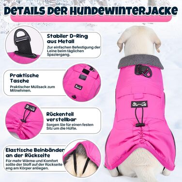 Теплий зимовий одяг для собак Nasjac - куртка з флісовою підкладкою, світловідбиваючими смугами та кишенями, водонепроникна захисна жилетка для собак середніх та великих порід, колір фуксія, розмір L