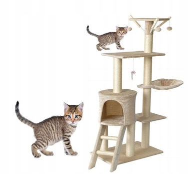 Високий когтеточка-комплекс бежевий, 138 см, 4 рівні — для кошенят та кількох котів