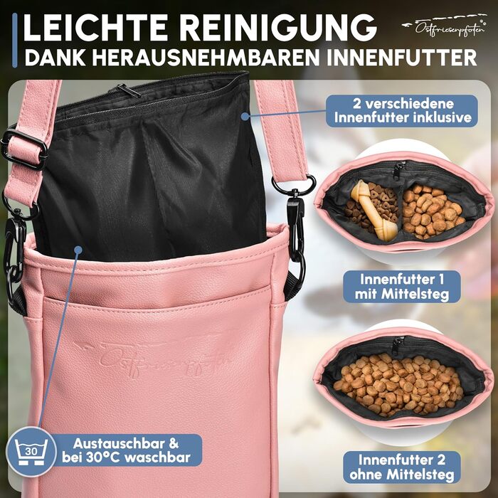 Футляр для ласощів для собак Ostfriesenpfoten® 'Frieda' з високоякісної штучної шкіри, пудрово-рожевий, розмір L, з магнітною застібкою EasyOpen, сумка для ласощів для собак, рожевий, L