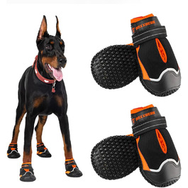 Водонепроникні чоботи для собак великих порід, захист лап від холоду, снігу та ковзання, з світловідбиваючими смугами, для прогулянок на вулиці, чорний/оранжевий, розмір 4 (5.46x5.94 см)