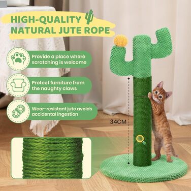 Когтеточка для котів Happy & Polly Кактус, джутова, 50 см, міцна основа, для кошенят і дорослих, зелена