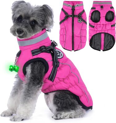Зимовий одяг для собак, теплий водонепроникний одяг для собак з шлейкою, світловідбиваючі смуги, LED-ошийник, зимові куртки та одяг для маленьких та середніх собак, рожевий, розмір S