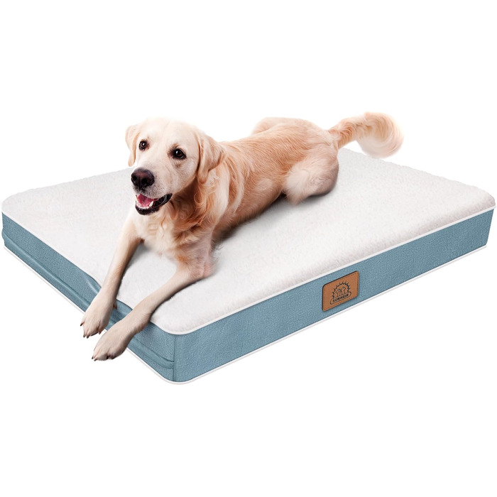 Ортопедичне ліжко для собак середнього розміру Sunheir, водонепроникне, з плюшем, знімний та пральний чохол, протиковзна основа, блакитне, 91x61x76 см