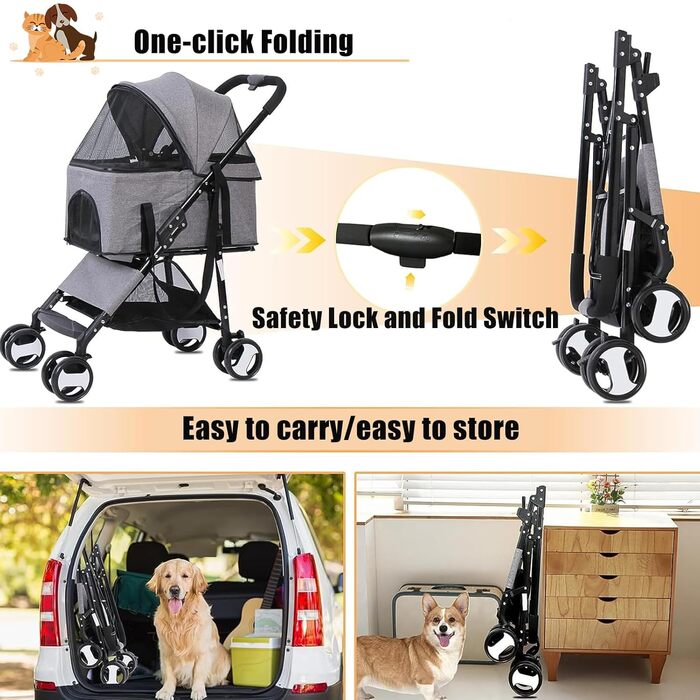 Візок для собак та котів, сірий, до 20 кг, з поворотним колесом та гальмом