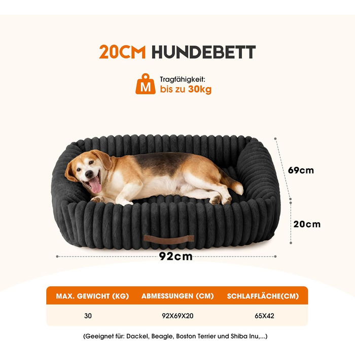 Ортопедичний лежак для собак великих порід, лежанка для собак з підголовником, знімний та миючий килимок, лежанка-софа для собак з ручками (Чорний, 92*69*20 см)