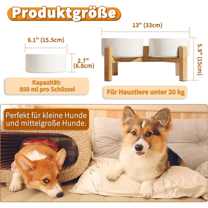 Набір мисок для собак, підняті миски, кераміка, протиковзкий стійкий, 2 шт., 850 мл, білий