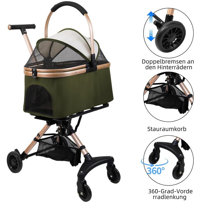 Візок для собак 3 в 1, складний, для маленьких собак та котів, знімний кошик, візок-кіндервоген, сітка, оксфордська тканина, до 20 кг (темно-зелений)