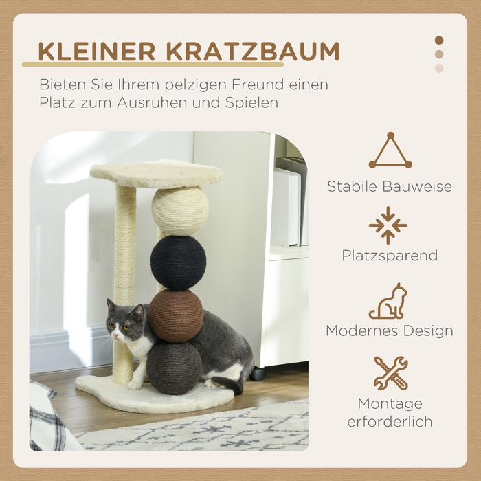 PawHut Cat Tree з великими сизалевими кулями Ø15 см, Stable Cat Tree до 30 кг, платформа бежева, 38 x 38 x 64 см