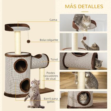 PawHut Дерев'яний кігтеточка для котів середнього розміру, 104 см, з ліжком, тунелем, сизалевими стовпчиками та м'ячиком, 75x39x104 см, коричневий