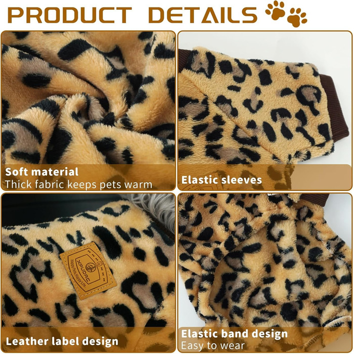 Піжама для собак XPUDAC, фліс, теплий пуловер для собак, дівчаток та хлопчиків, м'яка, тепла зимова одяг для собак, розмір S (груди 15 дюймів), леопардовий принт