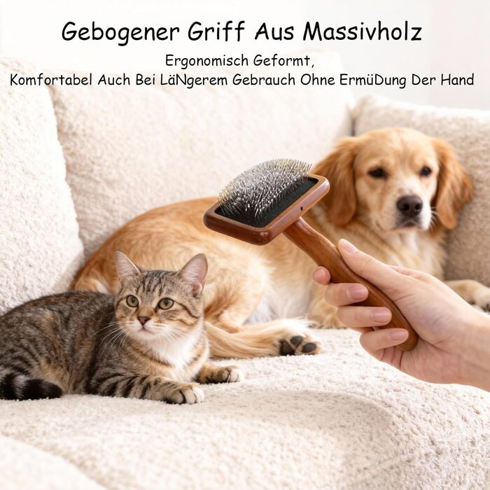 Професійна щітка для собак та котів 2 шт. + гребінець від бліх, дерев'яна, для довгої та короткої шерсті, видаляє ковтуни, для здоров'я шкіри, ергономічна (середня + дрібна зубці)