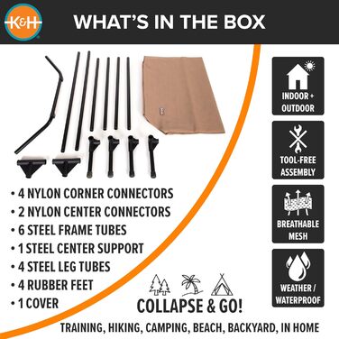 Підвищене собаче ліжко K&H Pet Products для вулиці, дихаюче, охолоджуюче, гамак для великих собак XL, знімний мережевий чохол, міцний металевий каркас, складане, портативне (127 x 81 x 23 см, світло-коричнева сітка для всіх сезонів)