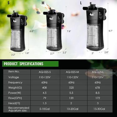 Фільтр для акваріума AQQA, внутрішній, 8.5W, 300л/год, для акваріумів до 120л