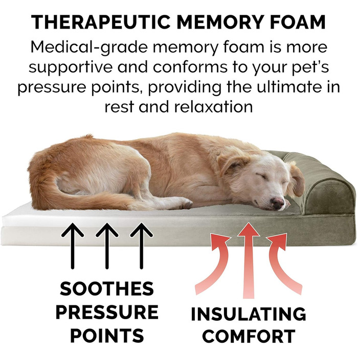 Ліжко для собаки Furhaven середнє з ортопедичним матрацом Memory Foam, штучне хутро і велюр, диван-стиль, знімний та праний чохол, темно-зелений