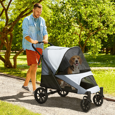 Складаний візок для собак середніх порід, прогулянковий buggy для домашніх тварин на 4 колесах із гальмами та страховочним повідцем, сірий