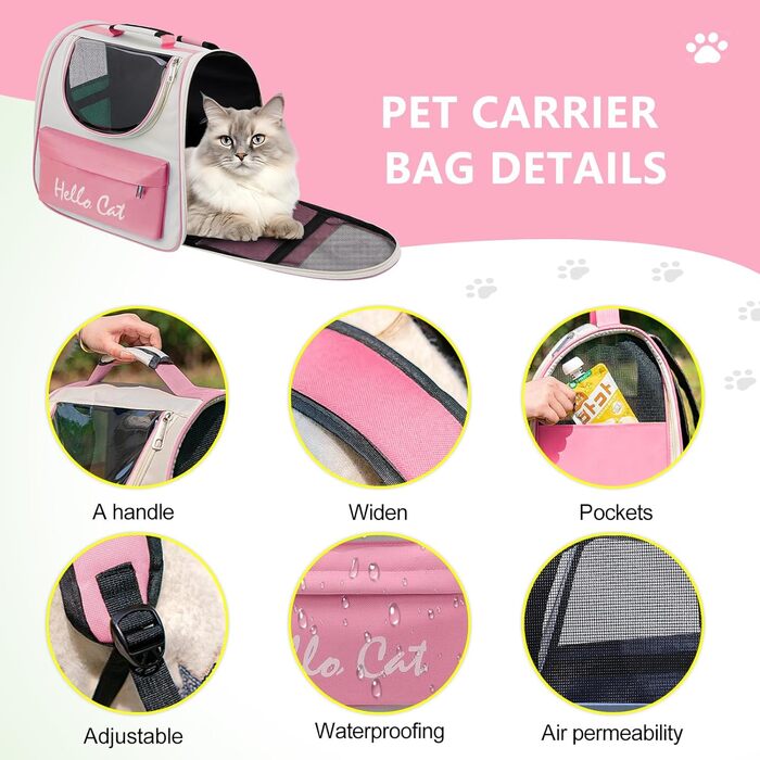 Рюкзак для тварин Surmounty з сітчастим вікном, складний рюкзак для кота/собаки з мискою для їжі та води, водонепроникний оксфорд, об'єм до 15 кг, рожевий